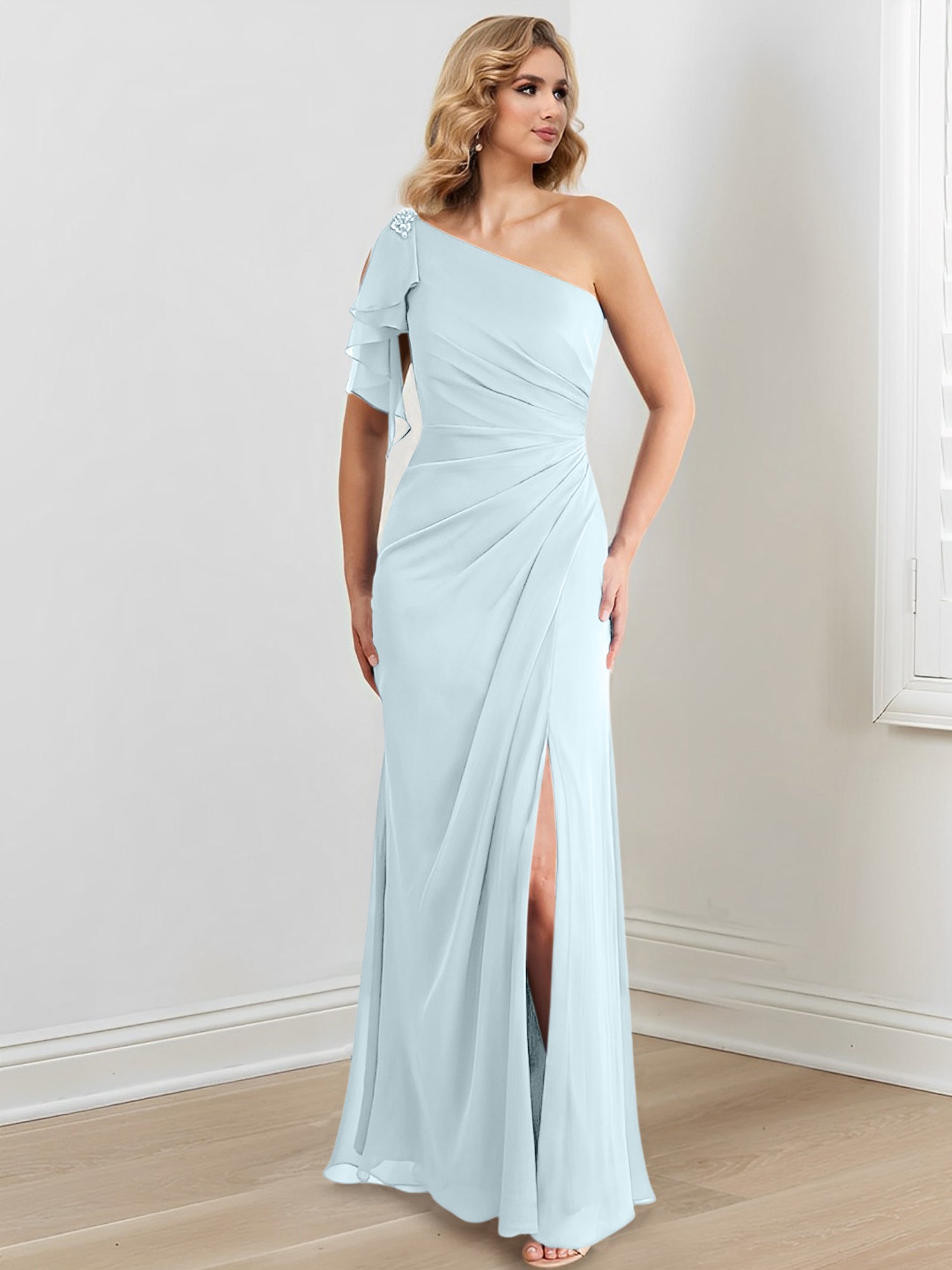 Vestidos de corte recto/columna con un solo hombro y largo hasta el suelo para la madre de la novia 