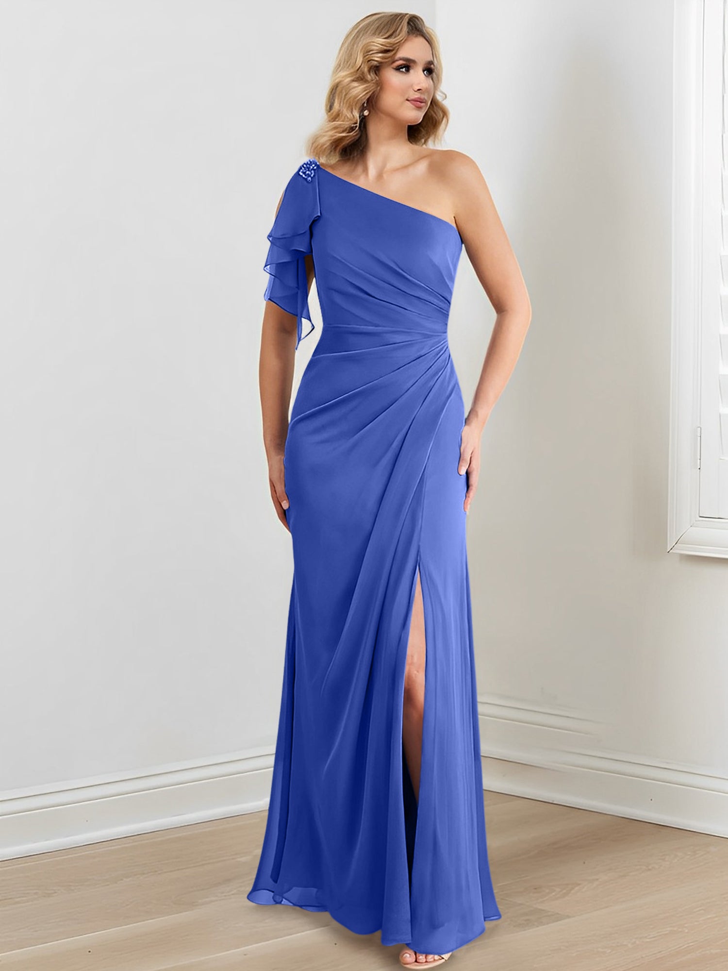 Vestidos de corte recto/columna con un solo hombro y largo hasta el suelo para la madre de la novia 