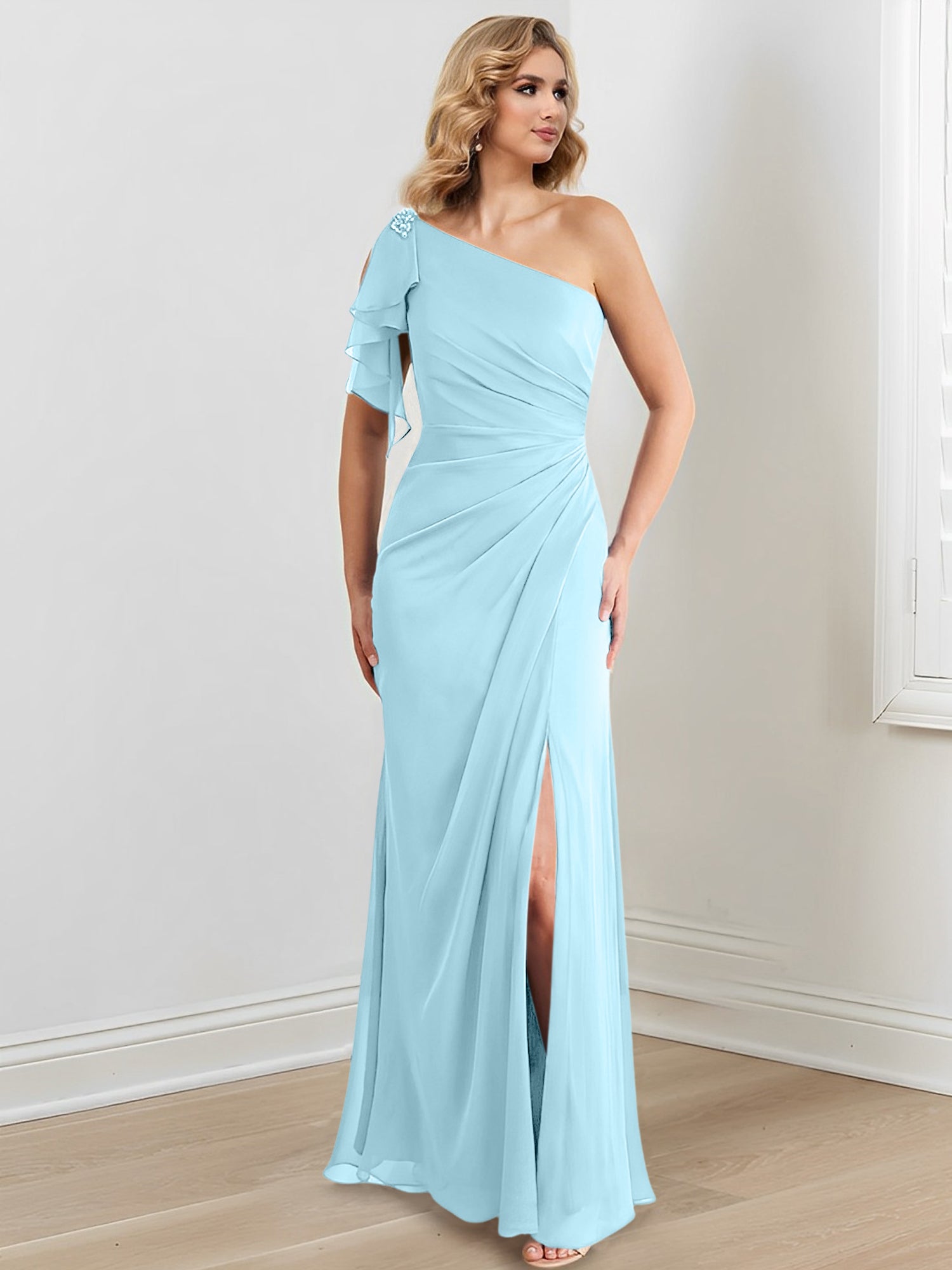 Vestidos de corte recto/columna con un solo hombro y largo hasta el suelo para la madre de la novia 