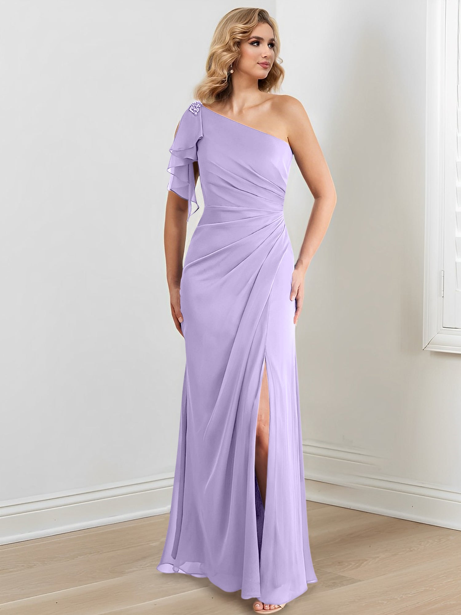 Vestidos de corte recto/columna con un solo hombro y largo hasta el suelo para la madre de la novia 