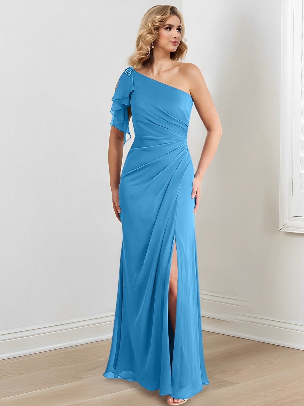 Vestidos de corte recto/columna con un solo hombro y largo hasta el suelo para la madre de la novia 