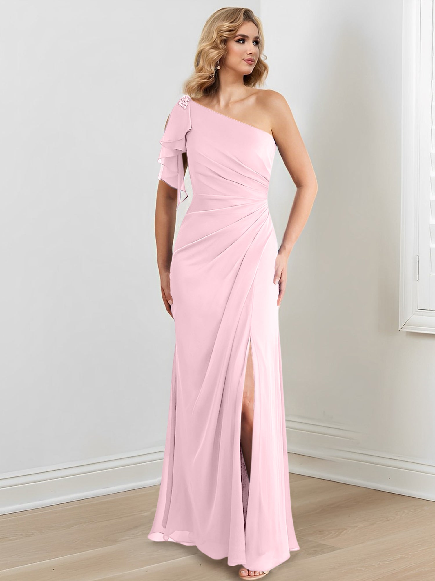 Vestidos de corte recto/columna con un solo hombro y largo hasta el suelo para la madre de la novia 