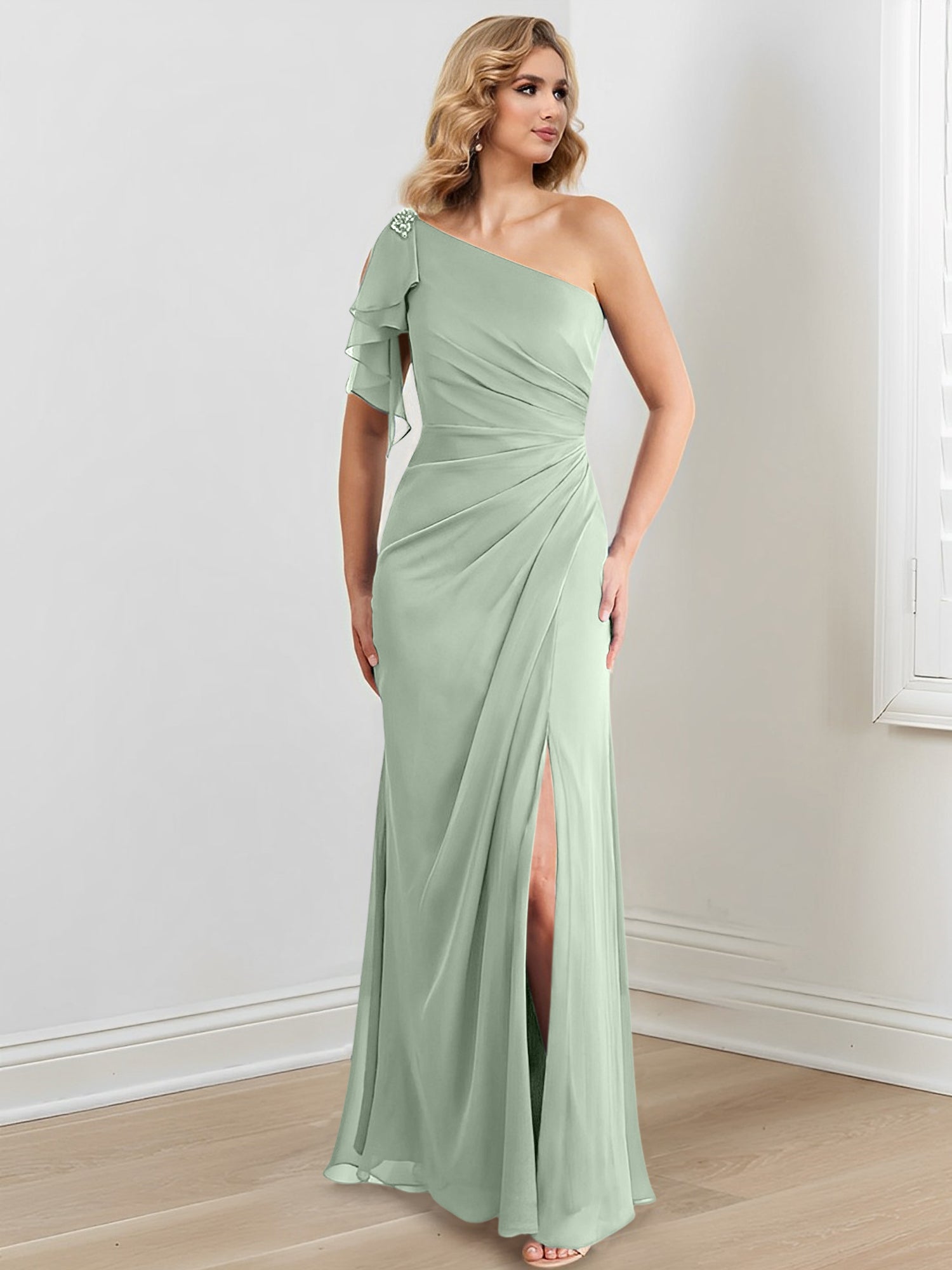 Vestidos de corte recto/columna con un solo hombro y largo hasta el suelo para la madre de la novia 