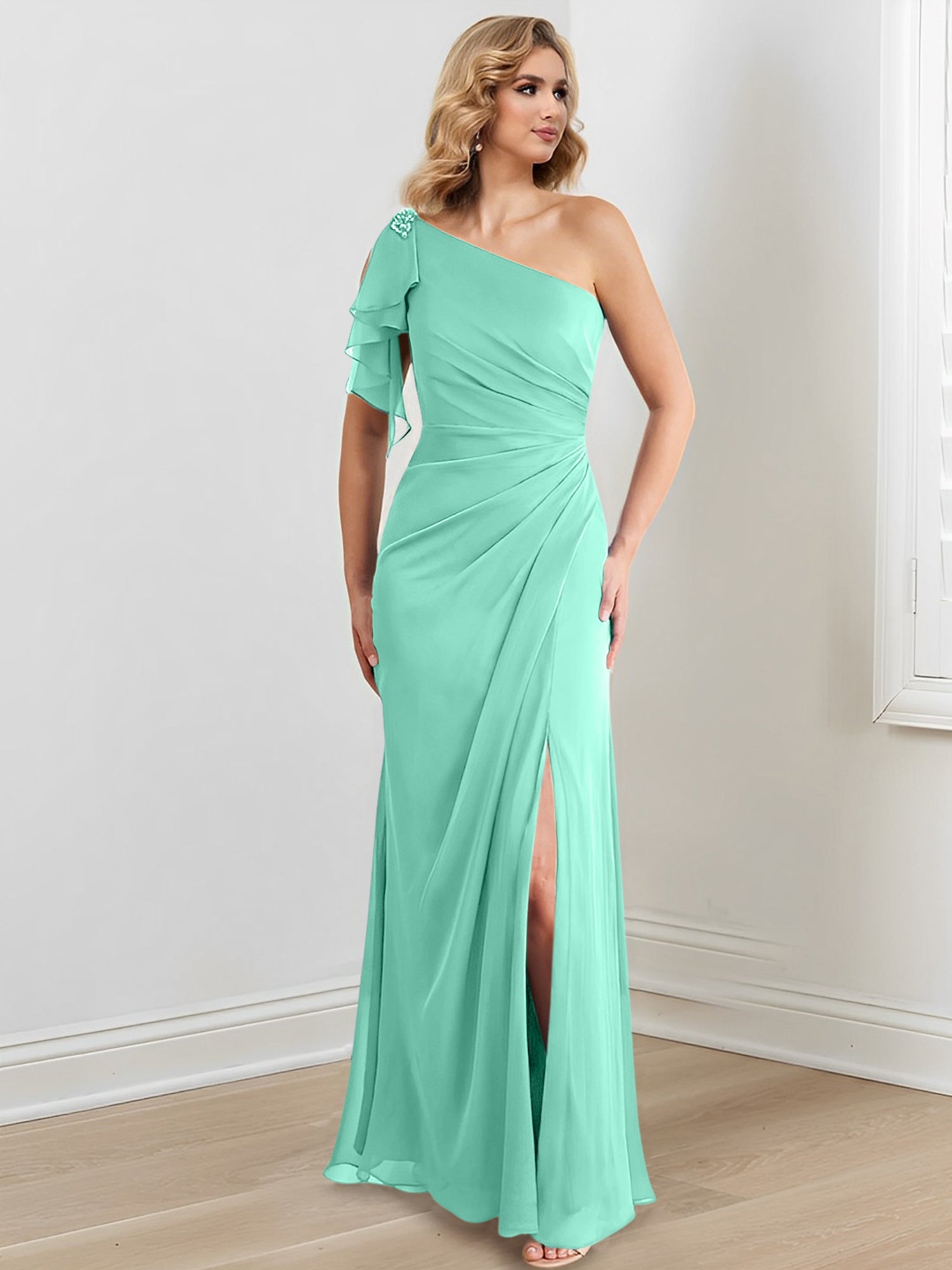 Vestidos de corte recto/columna con un solo hombro y largo hasta el suelo para la madre de la novia 