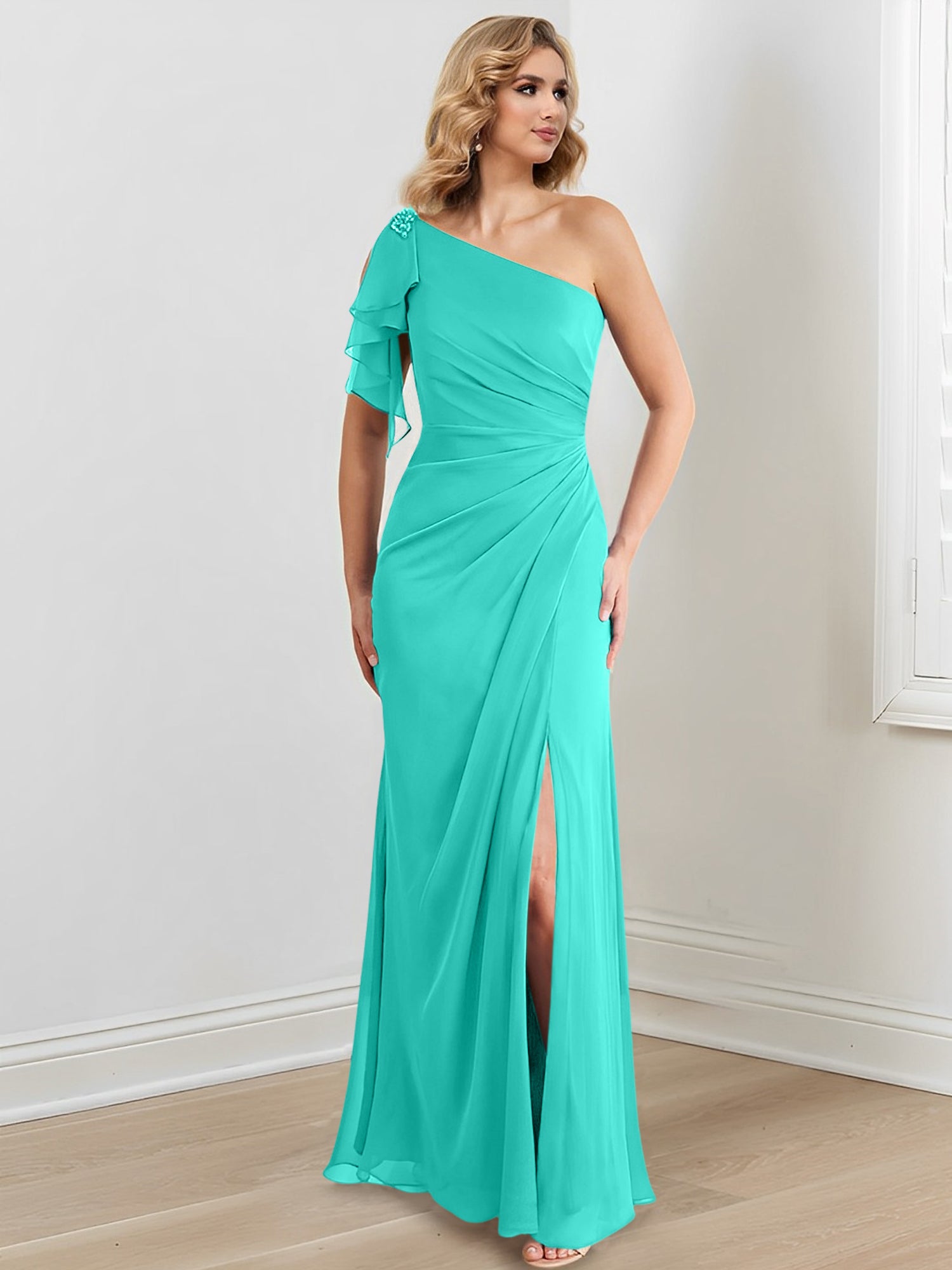 Vestidos de corte recto/columna con un solo hombro y largo hasta el suelo para la madre de la novia 