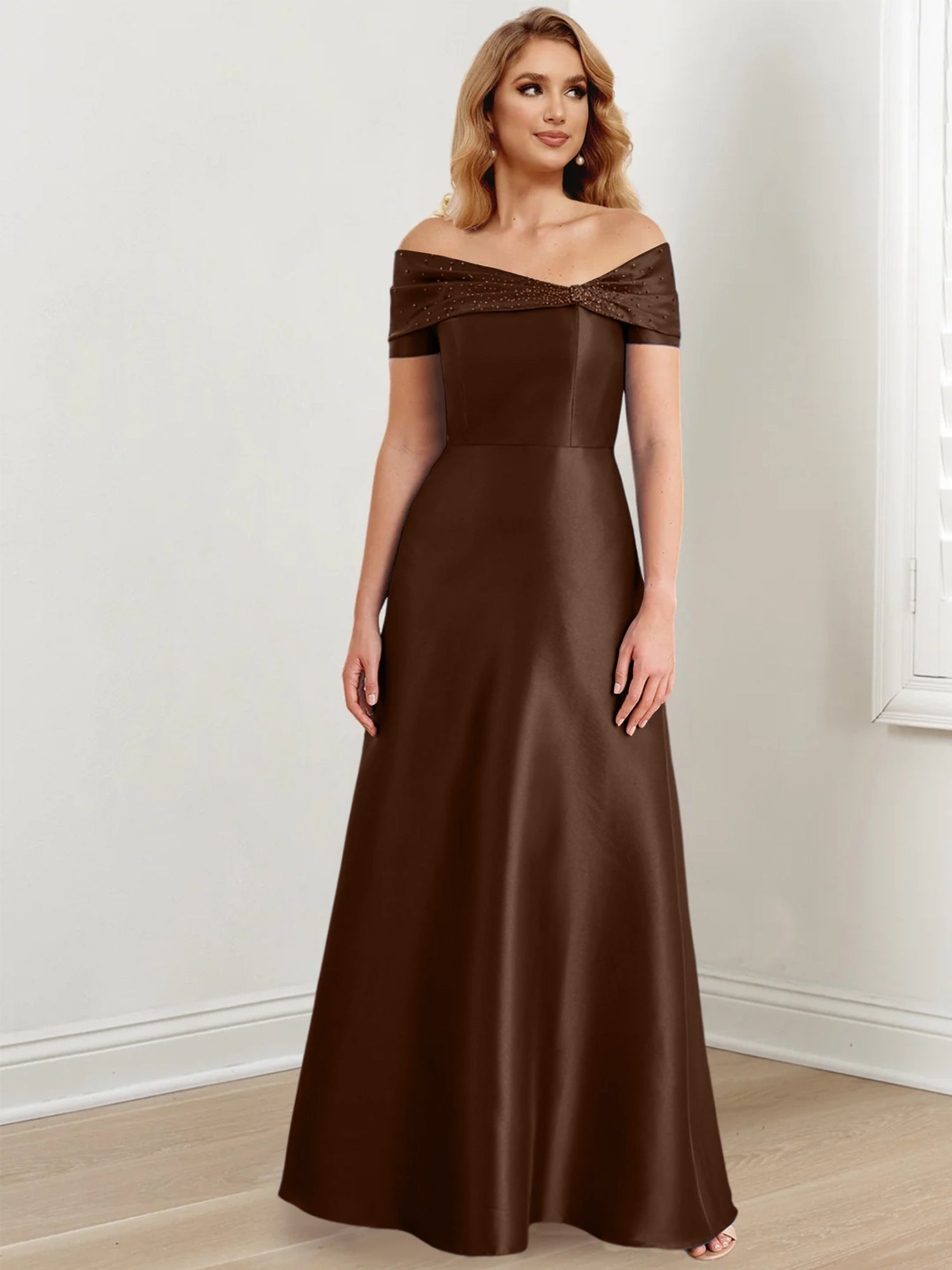 Robes de mère de la mariée de coupe trapèze/princesse, épaules dénudées et longueur au sol 