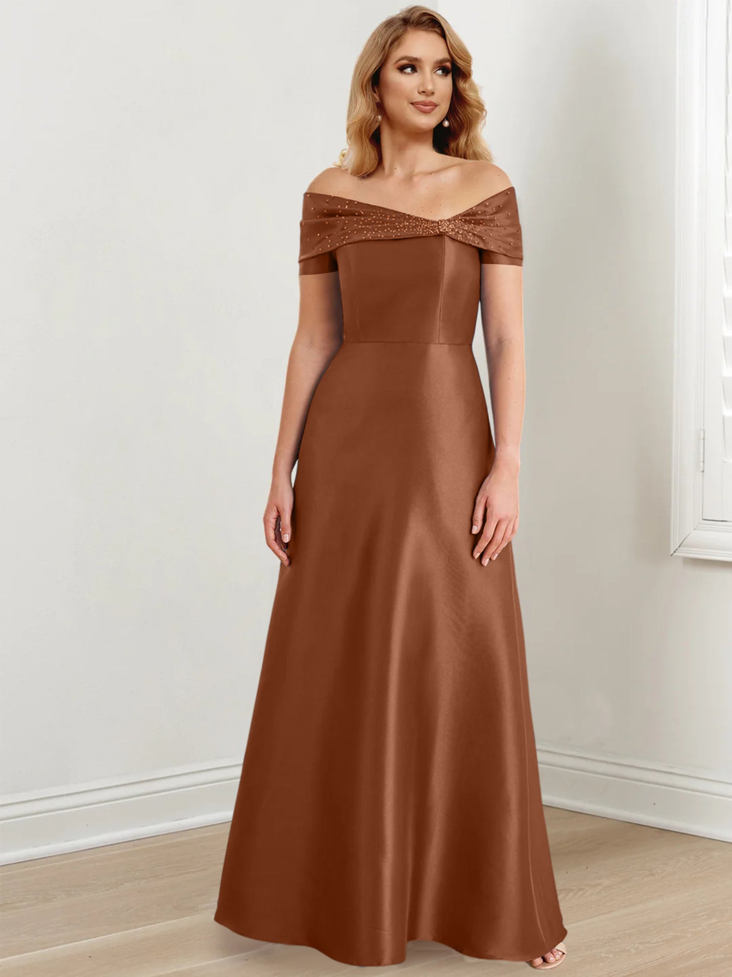 Robes de mère de la mariée de coupe trapèze/princesse, épaules dénudées et longueur au sol 