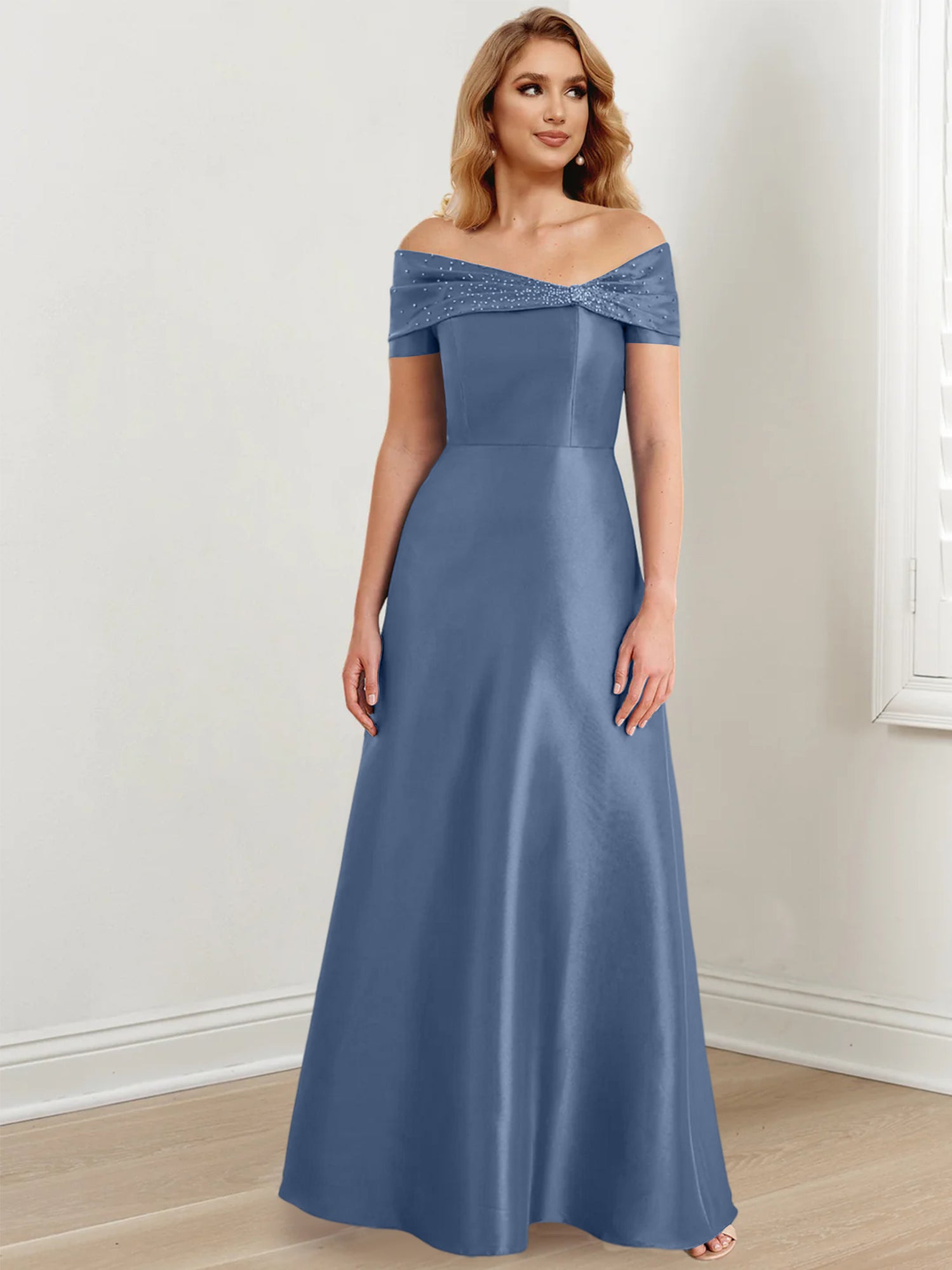 Robes de mère de la mariée de coupe trapèze/princesse, épaules dénudées et longueur au sol 
