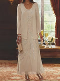 Robes de mère de la mariée fourreau/colonne, col en V, longueur cheville, avec veste et sequins 