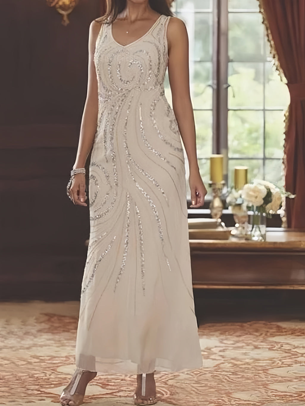 Robes de mère de la mariée fourreau/colonne, col en V, longueur cheville, avec veste et sequins 
