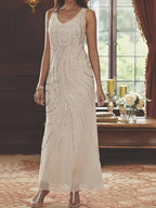 Robes de mère de la mariée fourreau/colonne, col en V, longueur cheville, avec veste et sequins 
