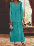 Robes de mère de la mariée fourreau/colonne, col en V, longueur cheville, avec veste et sequins 