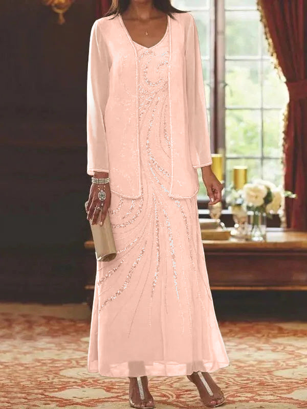 Robes de mère de la mariée fourreau/colonne, col en V, longueur cheville, avec veste et sequins 
