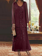 Robes de mère de la mariée fourreau/colonne, col en V, longueur cheville, avec veste et sequins 