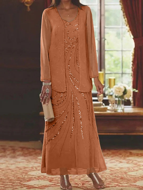 Robes de mère de la mariée fourreau/colonne, col en V, longueur cheville, avec veste et sequins 