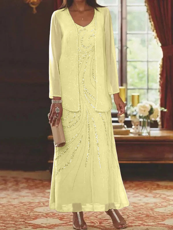 Robes de mère de la mariée fourreau/colonne, col en V, longueur cheville, avec veste et sequins 