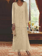Robes de mère de la mariée fourreau/colonne, col en V, longueur cheville, avec veste et sequins 