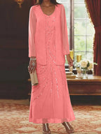 Robes de mère de la mariée fourreau/colonne, col en V, longueur cheville, avec veste et sequins 