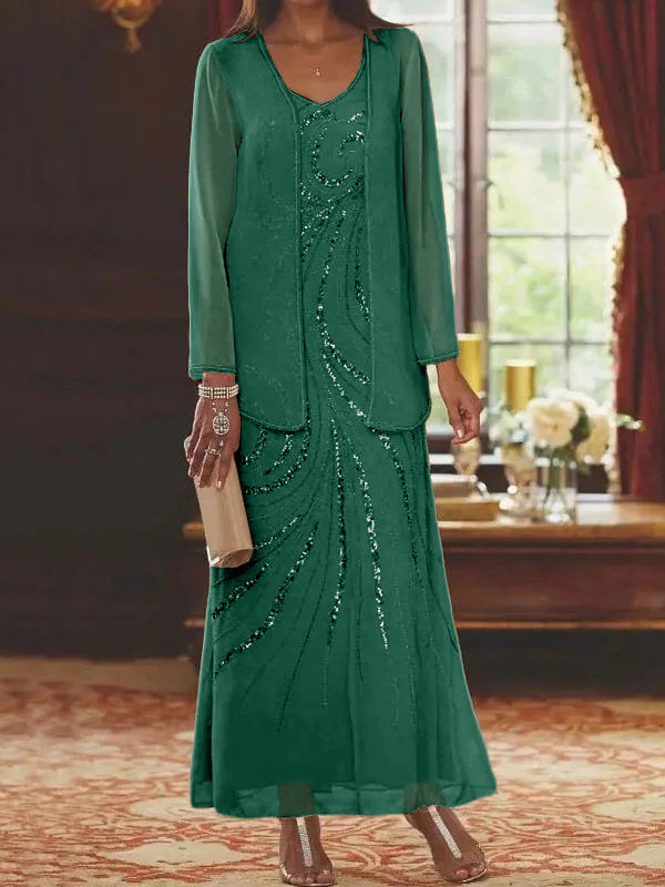 Robes de mère de la mariée fourreau/colonne, col en V, longueur cheville, avec veste et sequins 