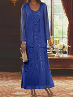 Robes de mère de la mariée fourreau/colonne, col en V, longueur cheville, avec veste et sequins 