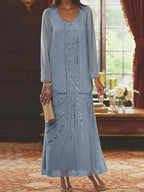 Robes de mère de la mariée fourreau/colonne, col en V, longueur cheville, avec veste et sequins 