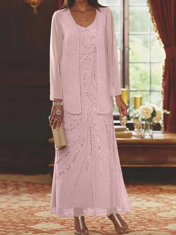 Robes de mère de la mariée fourreau/colonne, col en V, longueur cheville, avec veste et sequins 
