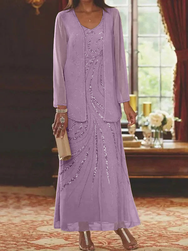 Robes de mère de la mariée fourreau/colonne, col en V, longueur cheville, avec veste et sequins 