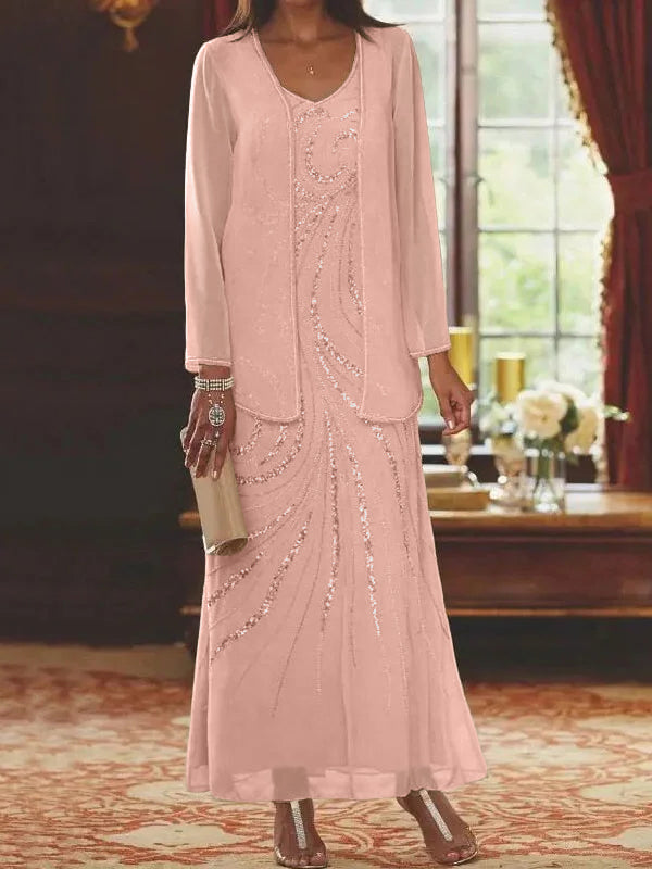 Robes de mère de la mariée fourreau/colonne, col en V, longueur cheville, avec veste et sequins 