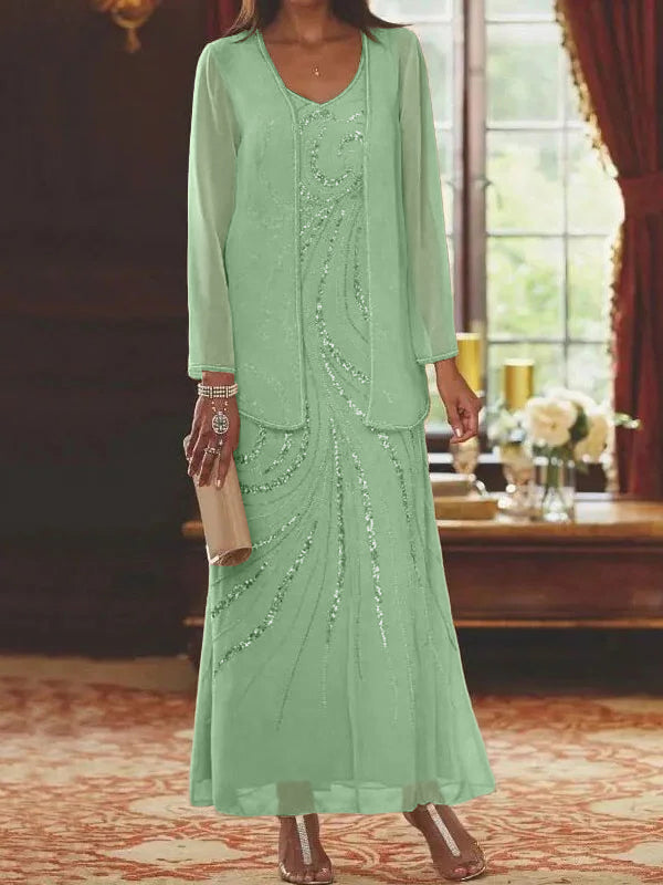Robes de mère de la mariée fourreau/colonne, col en V, longueur cheville, avec veste et sequins 