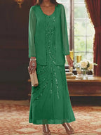 Robes de mère de la mariée fourreau/colonne, col en V, longueur cheville, avec veste et sequins 