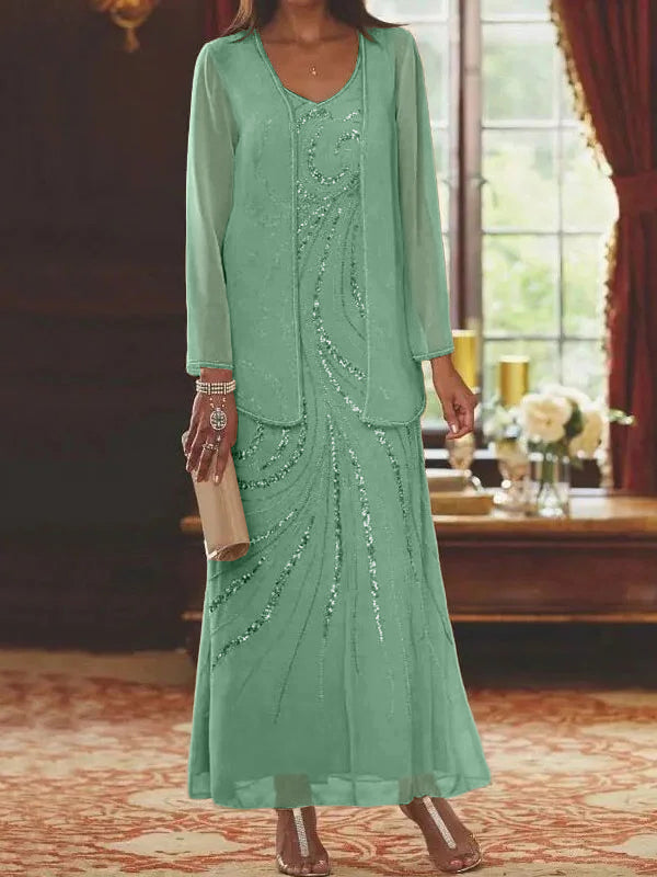 Robes de mère de la mariée fourreau/colonne, col en V, longueur cheville, avec veste et sequins 