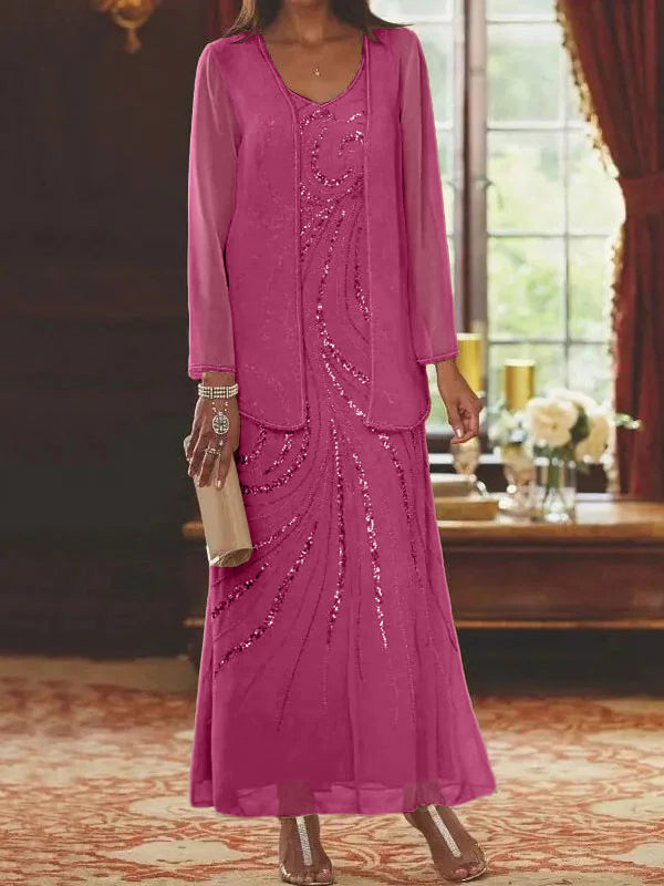 Robes de mère de la mariée fourreau/colonne, col en V, longueur cheville, avec veste et sequins 