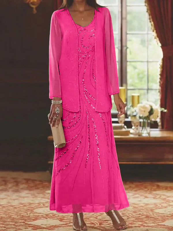 Robes de mère de la mariée fourreau/colonne, col en V, longueur cheville, avec veste et sequins 