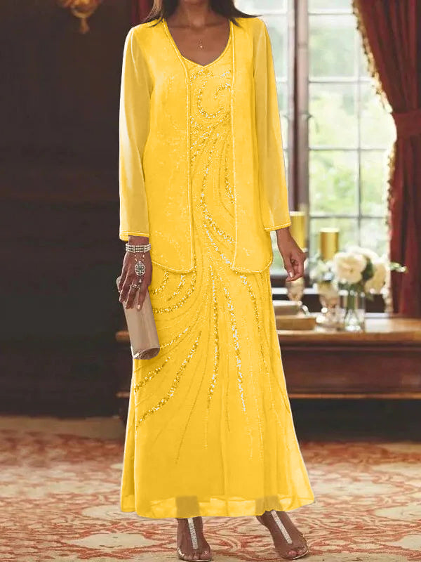 Robes de mère de la mariée fourreau/colonne, col en V, longueur cheville, avec veste et sequins 