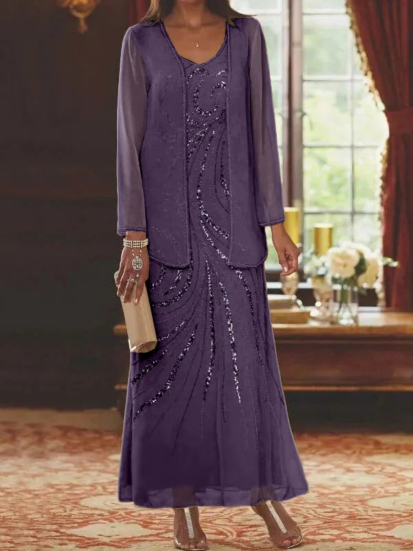Robes de mère de la mariée fourreau/colonne, col en V, longueur cheville, avec veste et sequins 