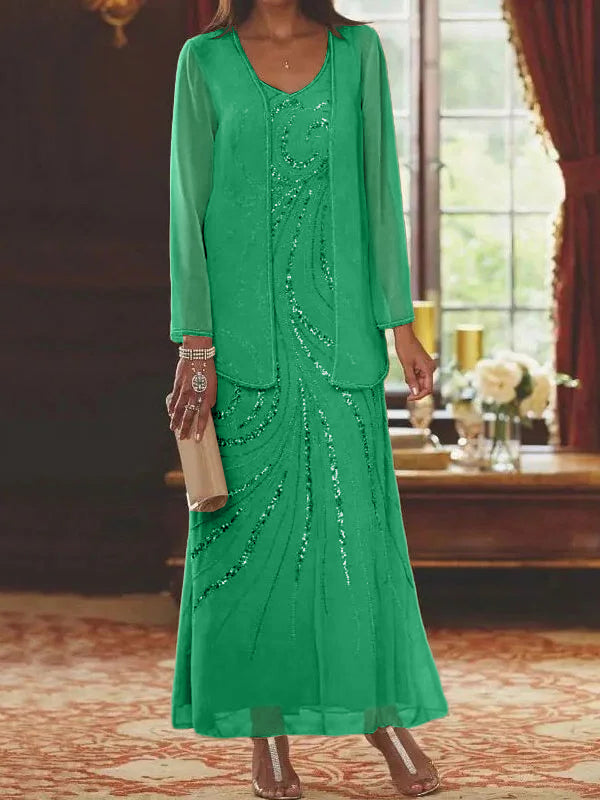 Robes de mère de la mariée fourreau/colonne, col en V, longueur cheville, avec veste et sequins 