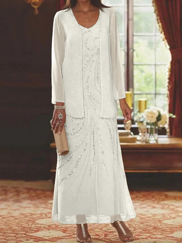 Robes de mère de la mariée fourreau/colonne, col en V, longueur cheville, avec veste et sequins 