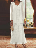 Robes de mère de la mariée fourreau/colonne, col en V, longueur cheville, avec veste et sequins 