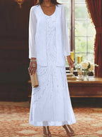Robes de mère de la mariée fourreau/colonne, col en V, longueur cheville, avec veste et sequins 