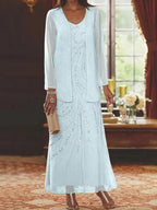 Robes de mère de la mariée fourreau/colonne, col en V, longueur cheville, avec veste et sequins 