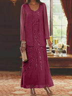 Robes de mère de la mariée fourreau/colonne, col en V, longueur cheville, avec veste et sequins 