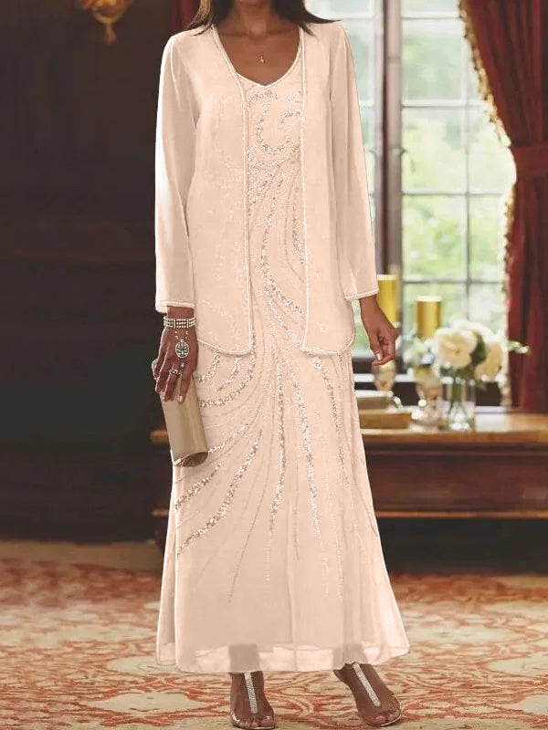 Robes de mère de la mariée fourreau/colonne, col en V, longueur cheville, avec veste et sequins 