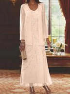 Robes de mère de la mariée fourreau/colonne, col en V, longueur cheville, avec veste et sequins 