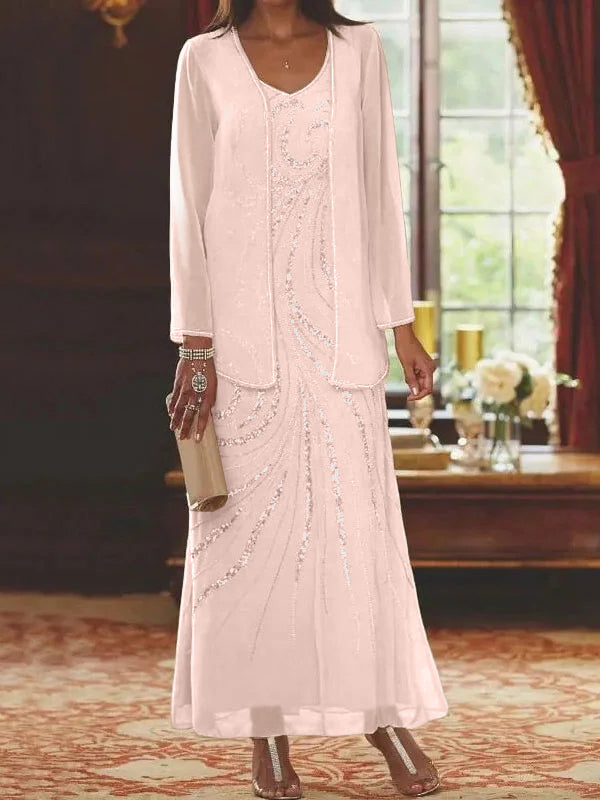 Robes de mère de la mariée fourreau/colonne, col en V, longueur cheville, avec veste et sequins 