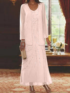 Robes de mère de la mariée fourreau/colonne, col en V, longueur cheville, avec veste et sequins 