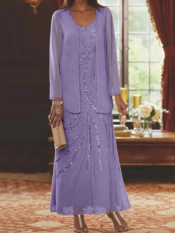 Robes de mère de la mariée fourreau/colonne, col en V, longueur cheville, avec veste et sequins 