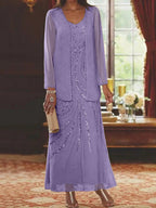 Robes de mère de la mariée fourreau/colonne, col en V, longueur cheville, avec veste et sequins 