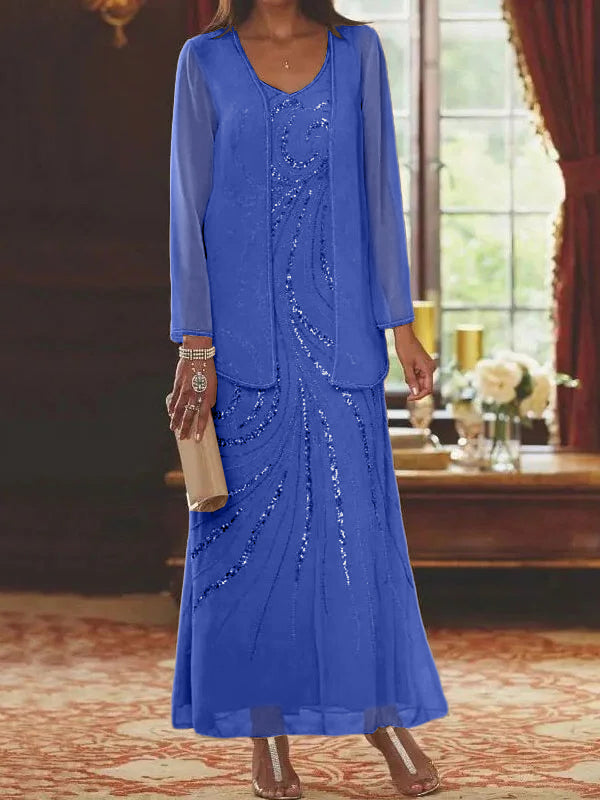 Robes de mère de la mariée fourreau/colonne, col en V, longueur cheville, avec veste et sequins 