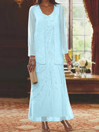 Robes de mère de la mariée fourreau/colonne, col en V, longueur cheville, avec veste et sequins 