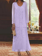 Robes de mère de la mariée fourreau/colonne, col en V, longueur cheville, avec veste et sequins 